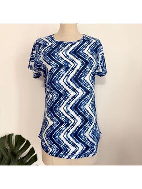 Olsen Blue White Tie Dye Chevron Short Sleeve Cotton Top T-Shirt Womens Size 6